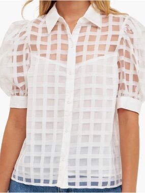 English Factory white puff sleeve organza blouse. Size Large.